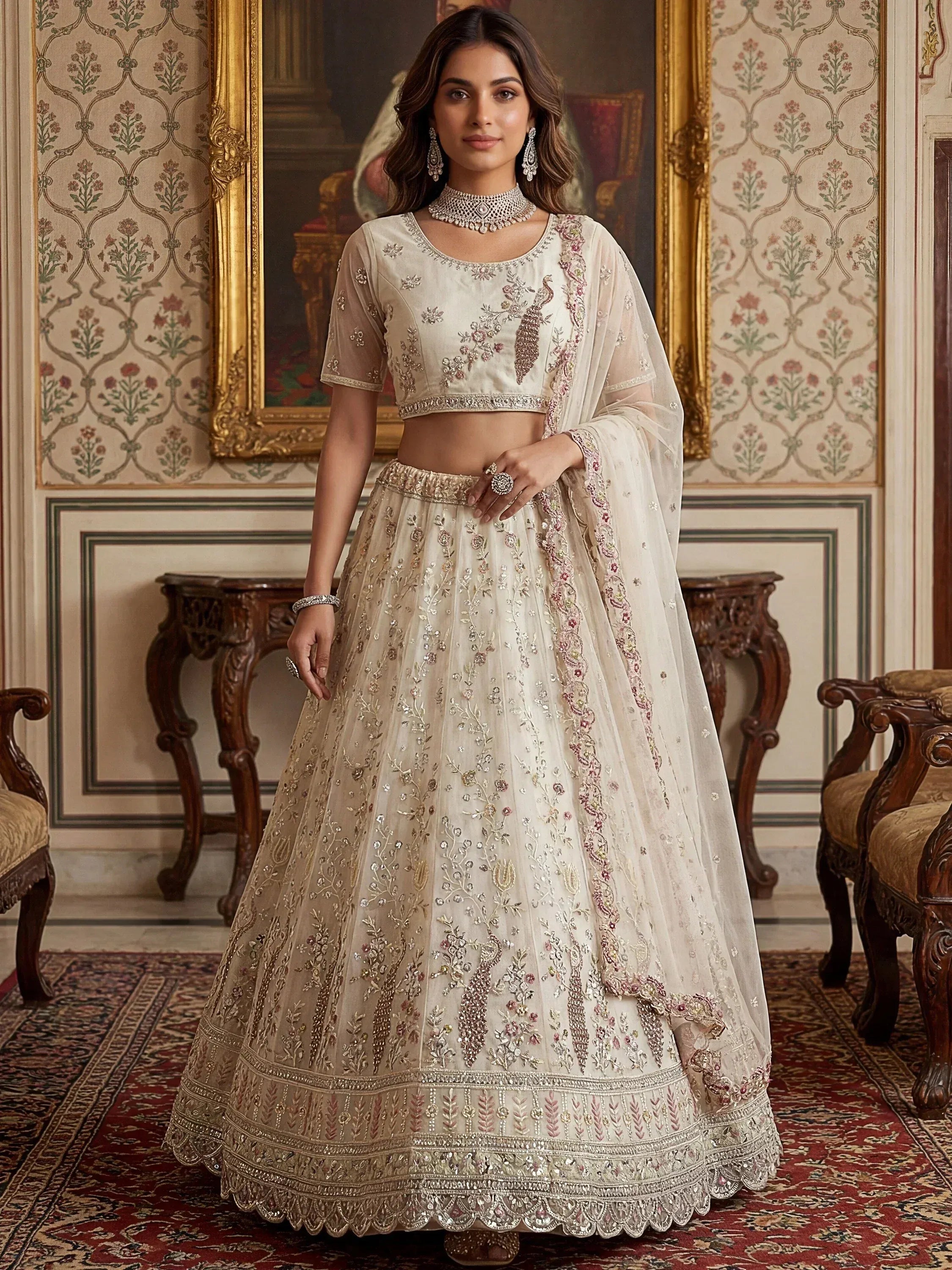Sparkling Off-White Embroidered Net Bridesmaid Wear Lehenga Choli