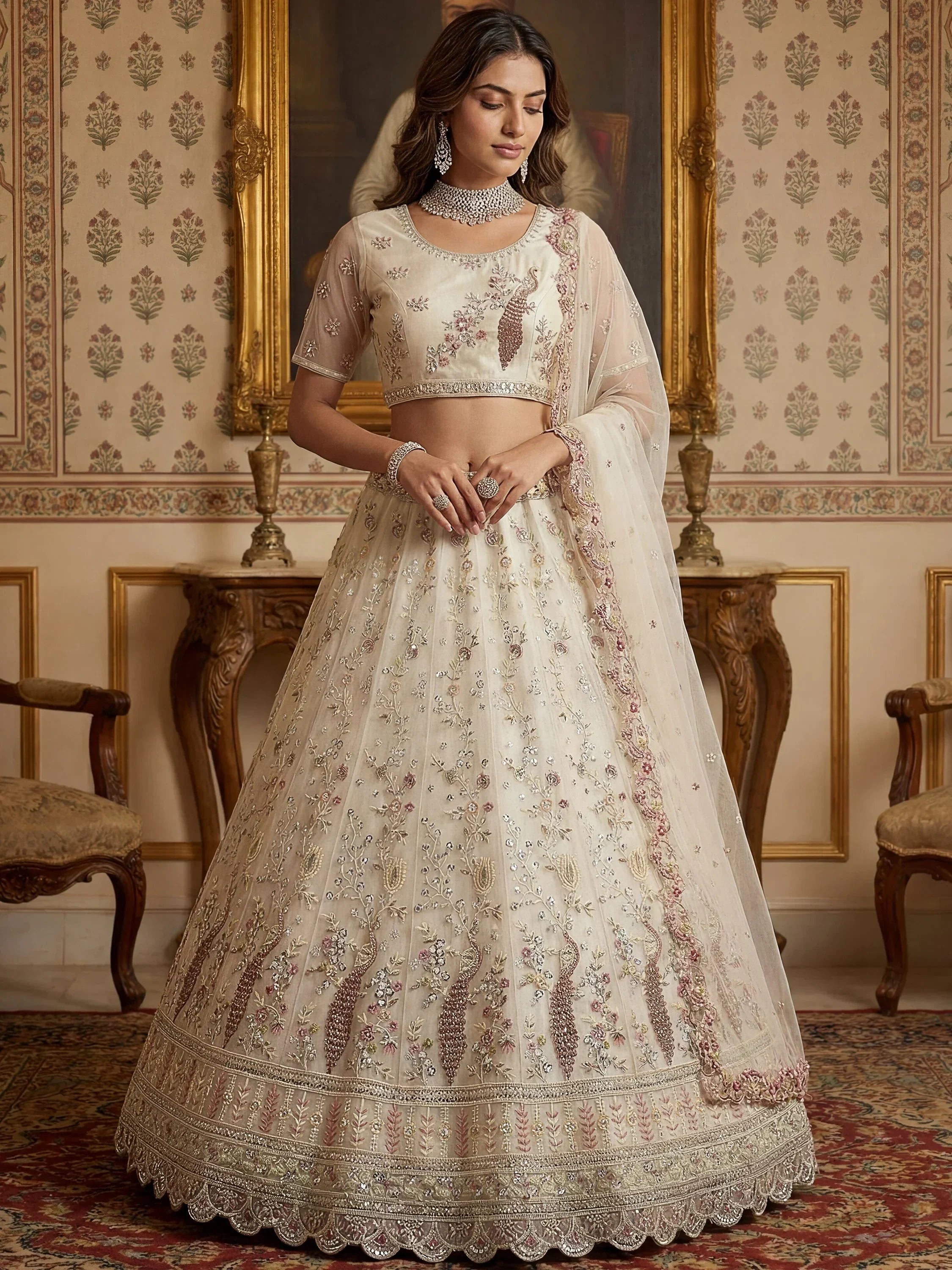 Sparkling Off-White Embroidered Net Bridesmaid Wear Lehenga Choli