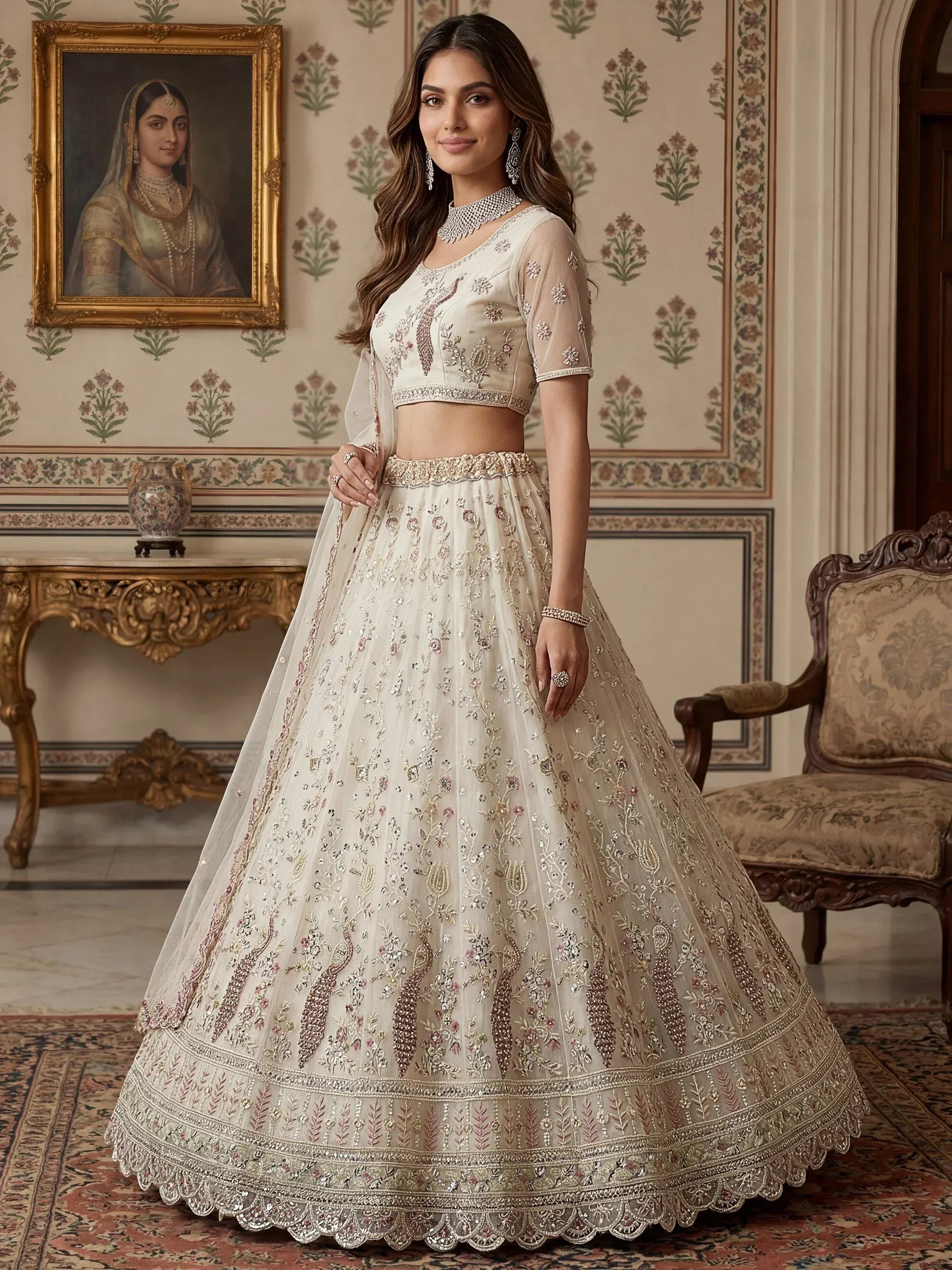 Sparkling Off-White Embroidered Net Bridesmaid Wear Lehenga Choli