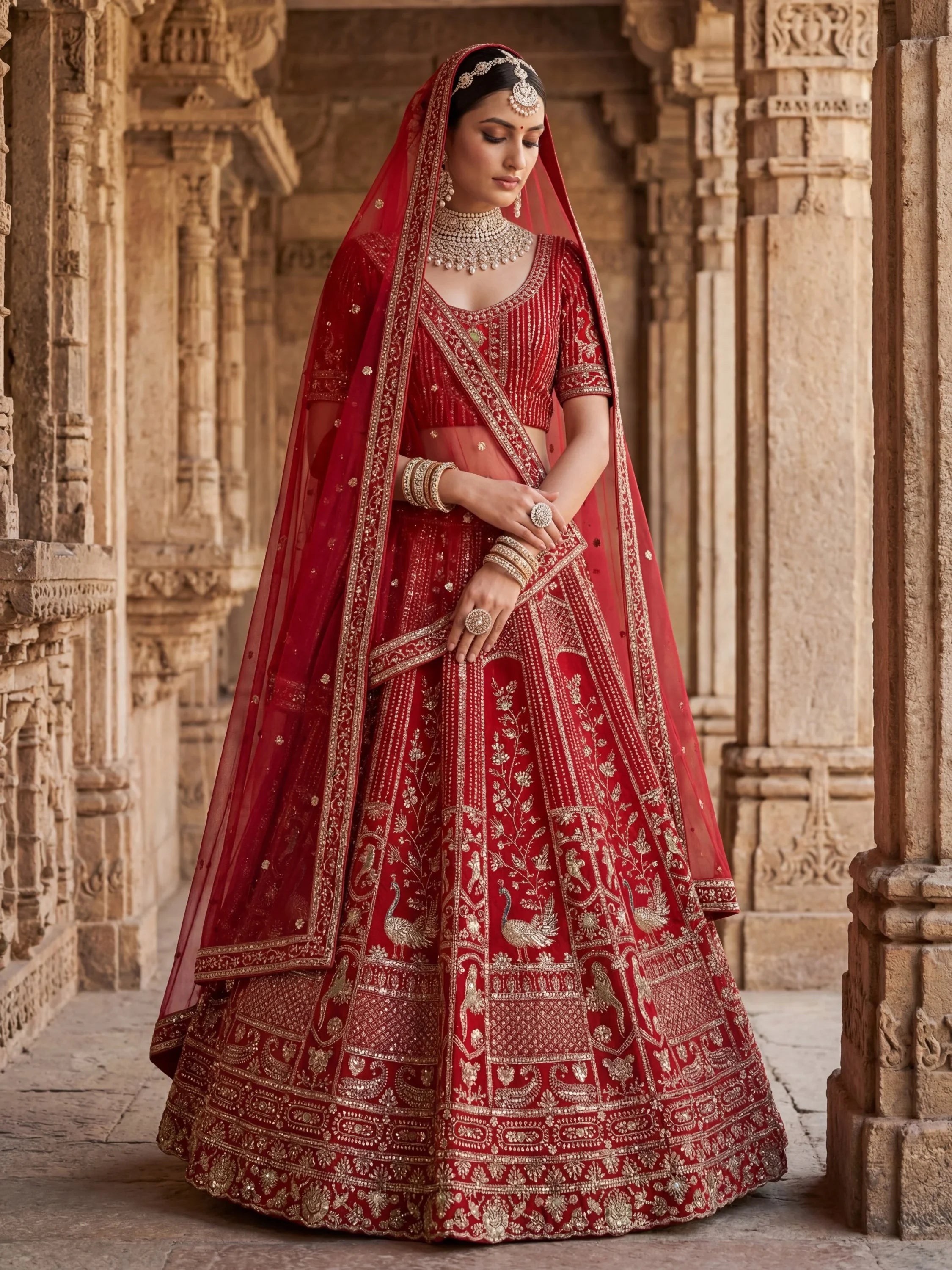 Astonishing Red Hand Work Silk Bridal Lehenga Choli With Double Dupatta