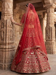Astonishing Red Hand Work Silk Bridal Lehenga Choli With Double Dupatta