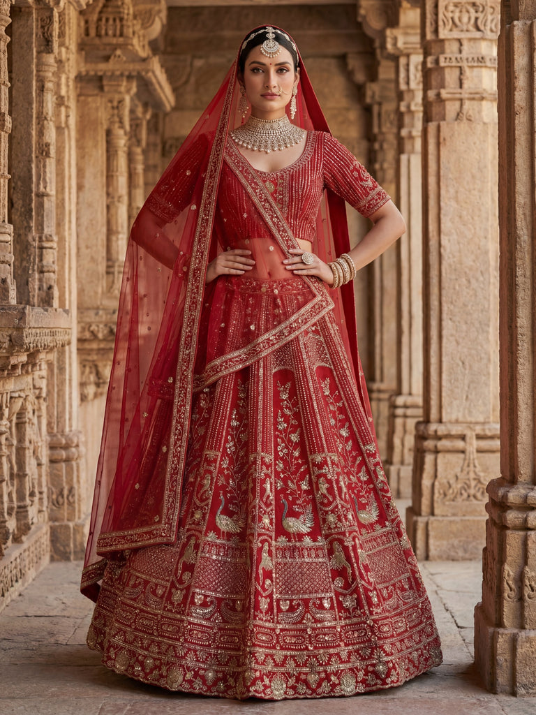 Astonishing Red Hand Work Silk Bridal Lehenga Choli With Double Dupatta
