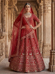 Astonishing Red Hand Work Silk Bridal Lehenga Choli With Double Dupatta