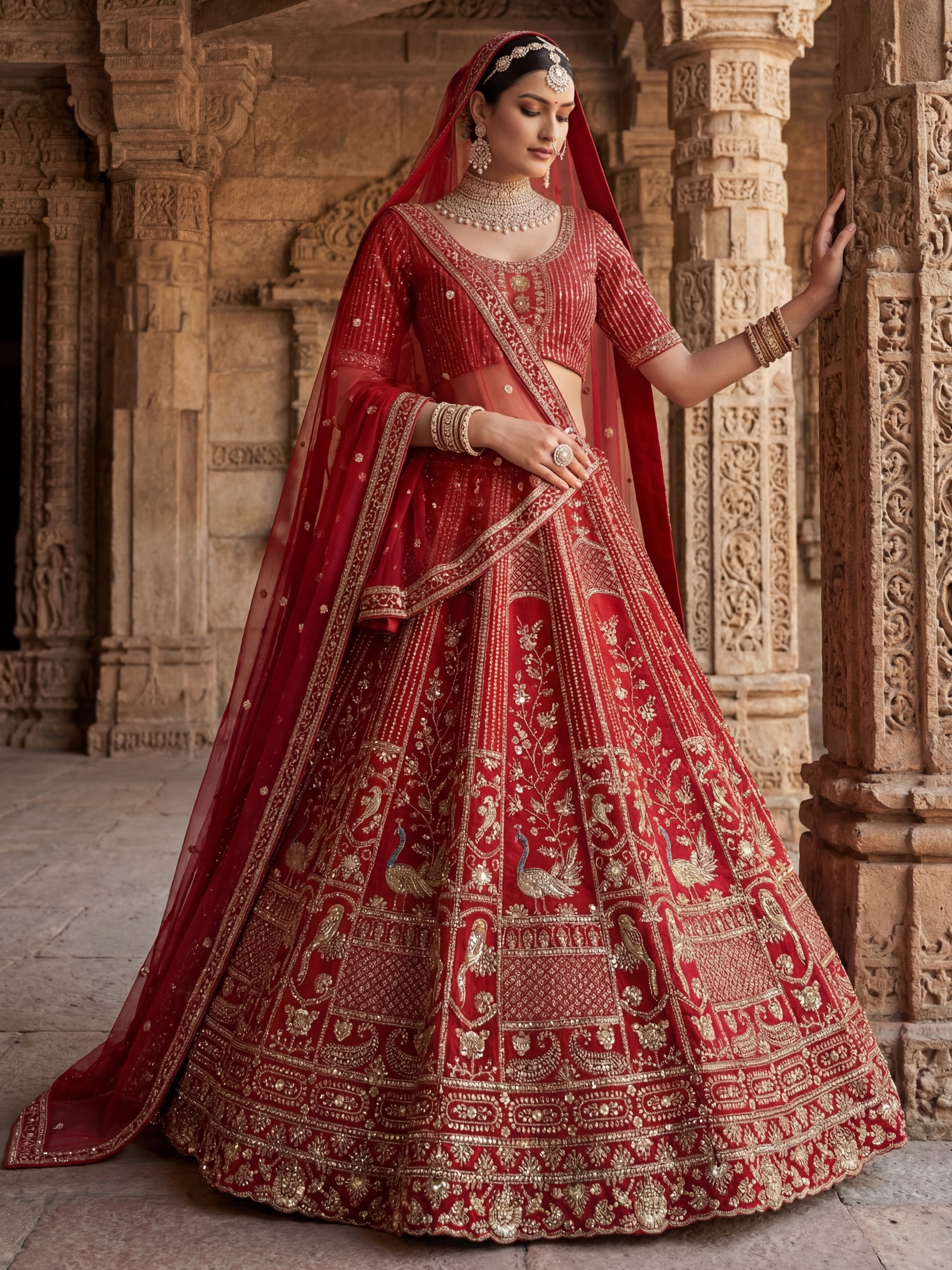 Astonishing Red Hand Work Silk Bridal Lehenga Choli With Double Dupatta