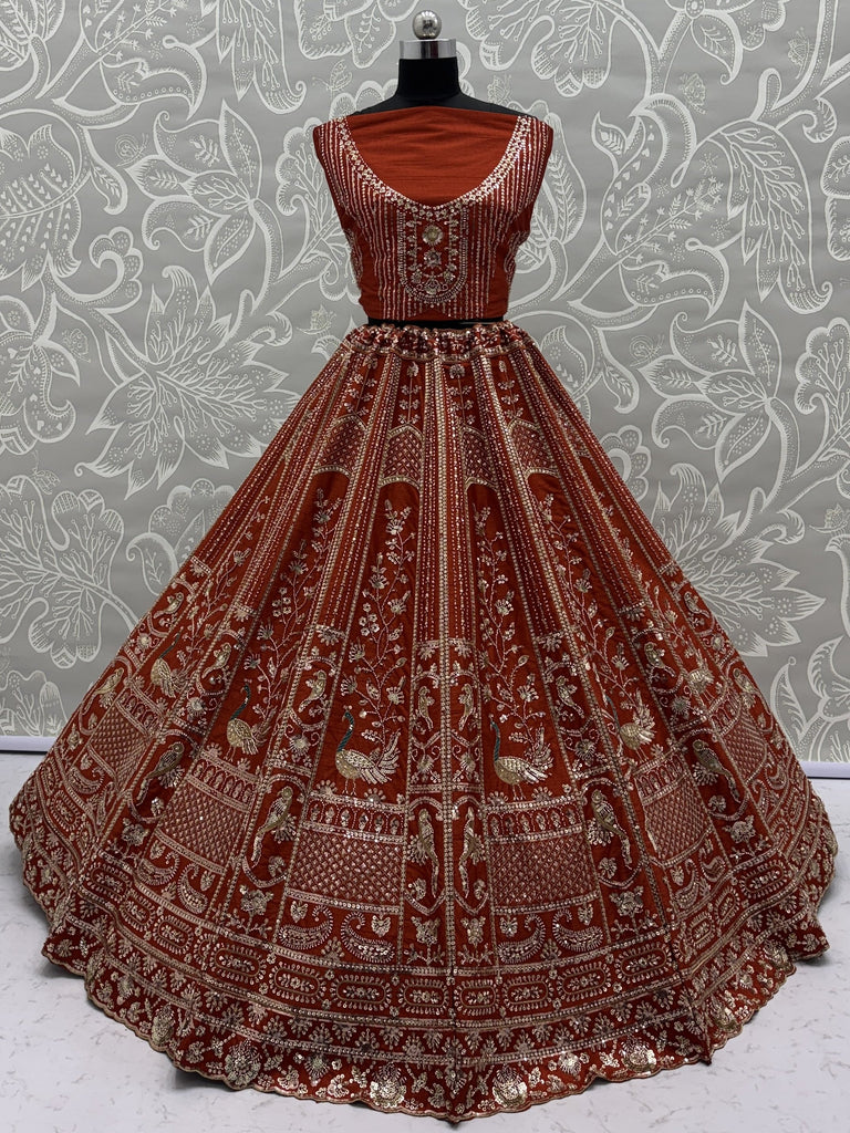 Beautiful Rust Orange Sequins Silk Bridal Lehenga Choli With Double Dupatta