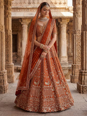 Beautiful Rust Orange Sequins Silk Bridal Lehenga Choli With Double Dupatta