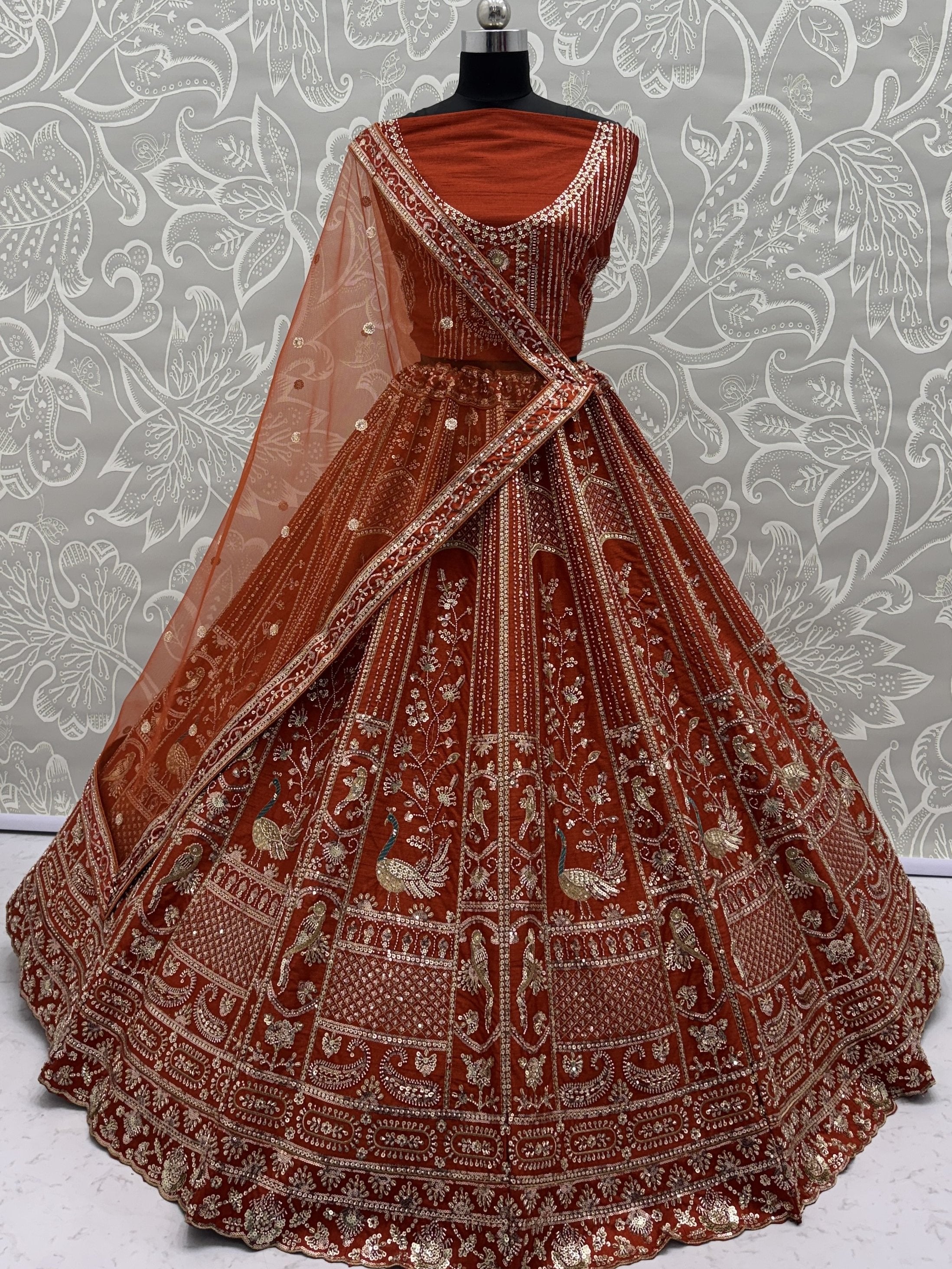 Beautiful Rust Orange Sequins Silk Bridal Lehenga Choli With Double Dupatta