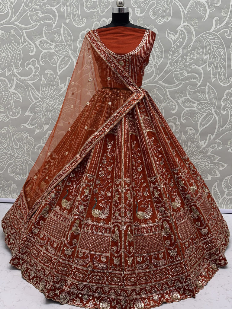 Beautiful Rust Orange Sequins Silk Bridal Lehenga Choli With Double Dupatta