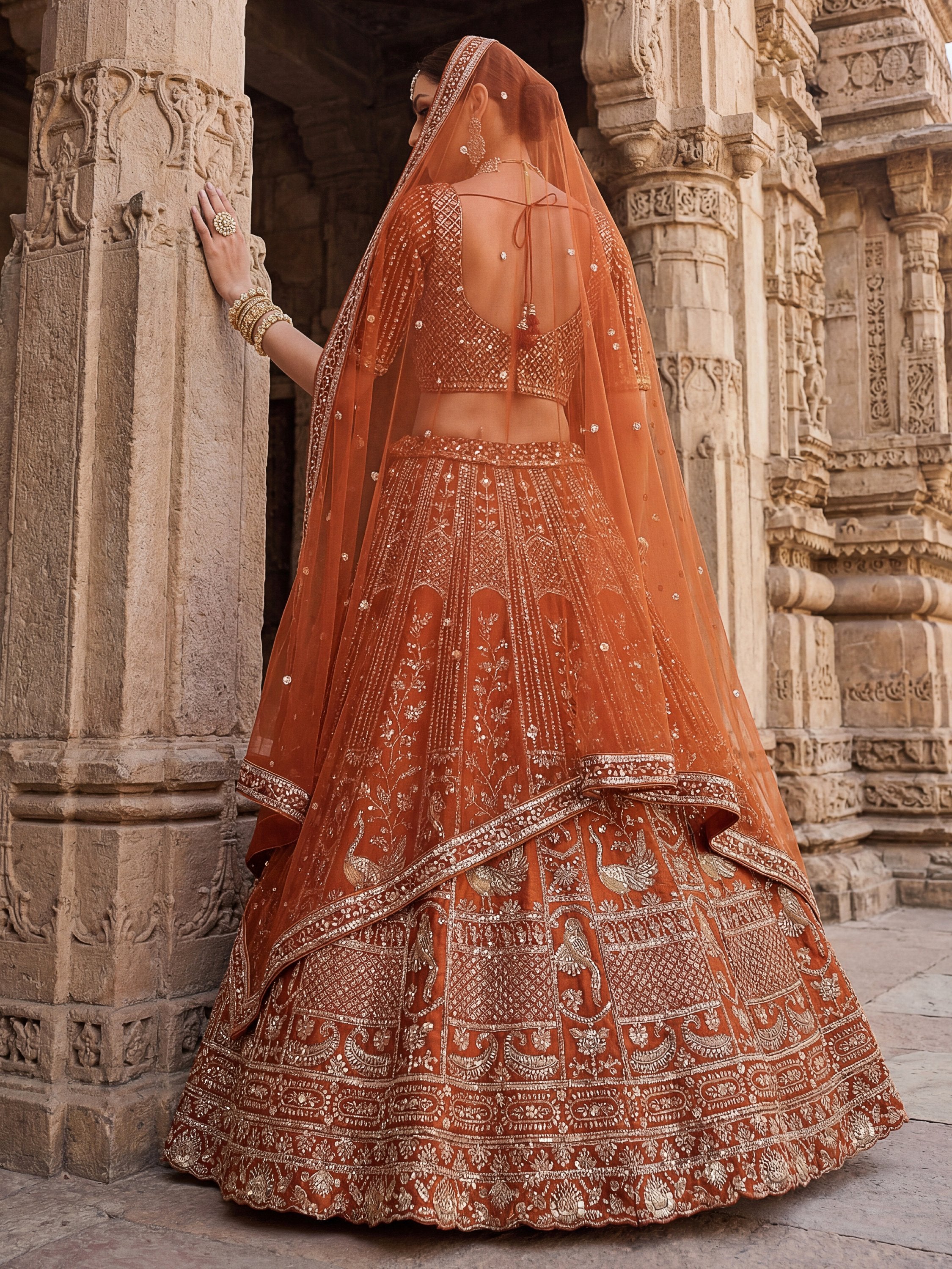 Beautiful Rust Orange Sequins Silk Bridal Lehenga Choli With Double Dupatta