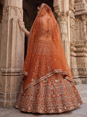 Beautiful Rust Orange Sequins Silk Bridal Lehenga Choli With Double Dupatta