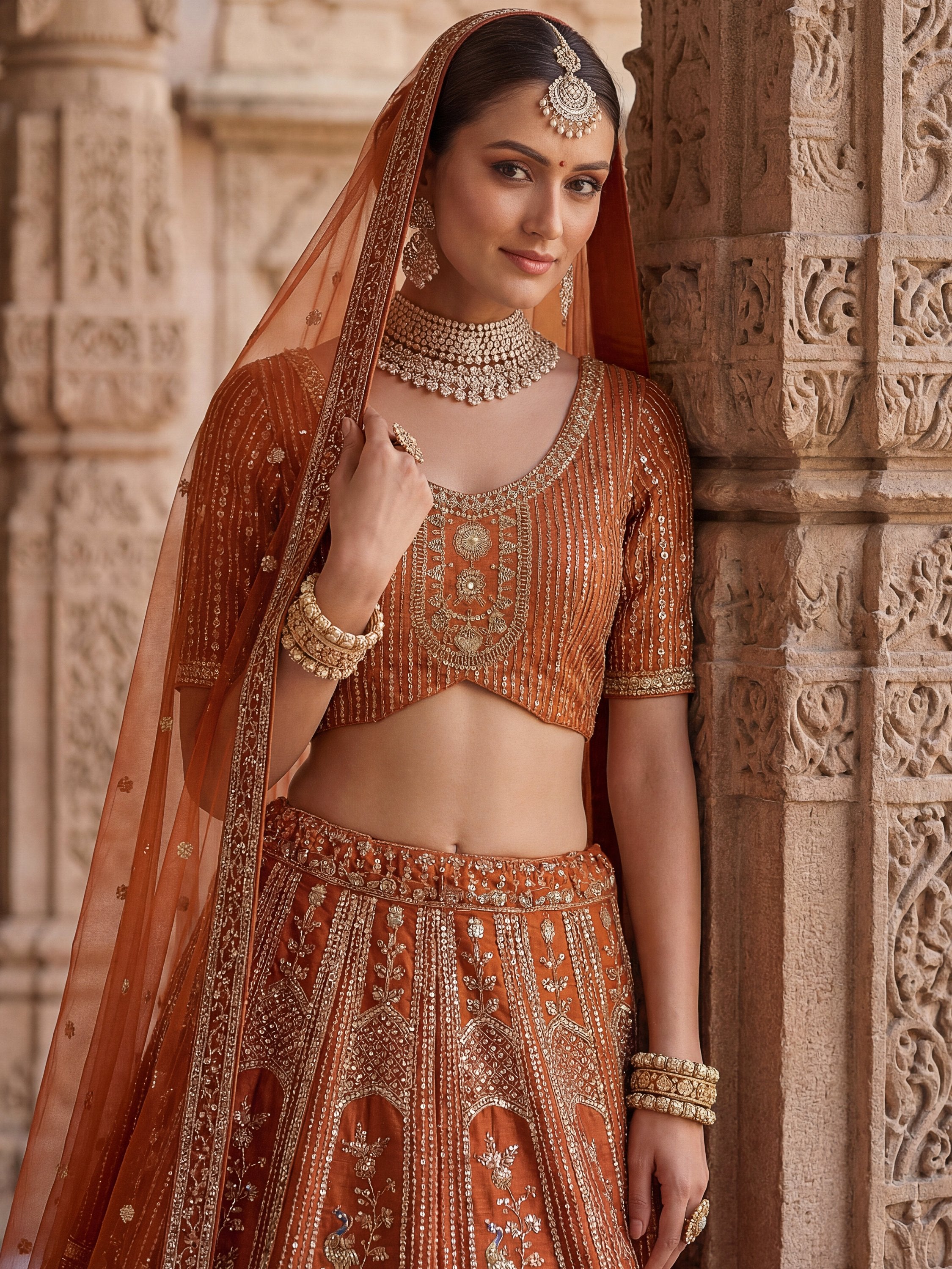 Beautiful Rust Orange Sequins Silk Bridal Lehenga Choli With Double Dupatta