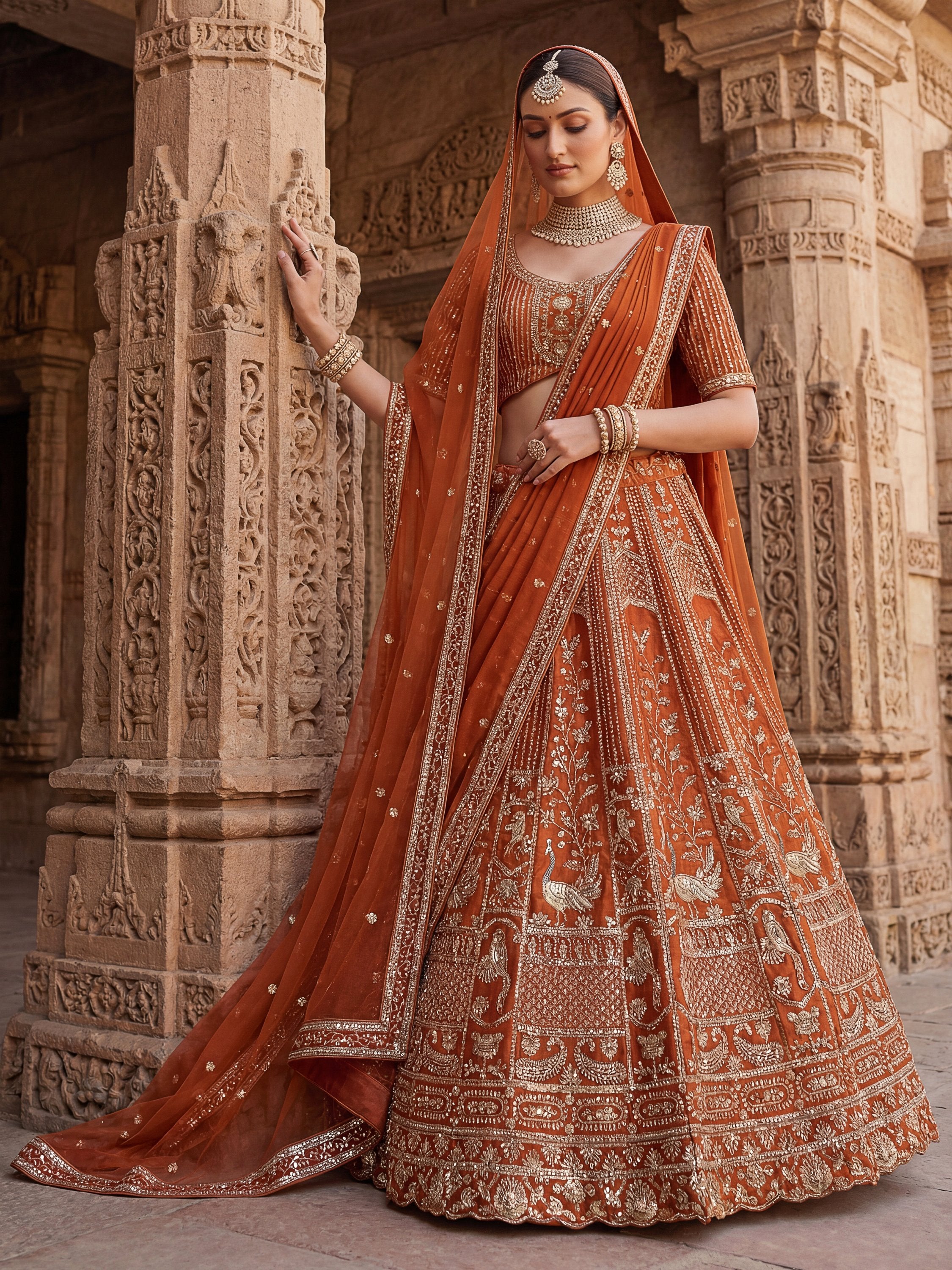 Beautiful Rust Orange Sequins Silk Bridal Lehenga Choli With Double Dupatta