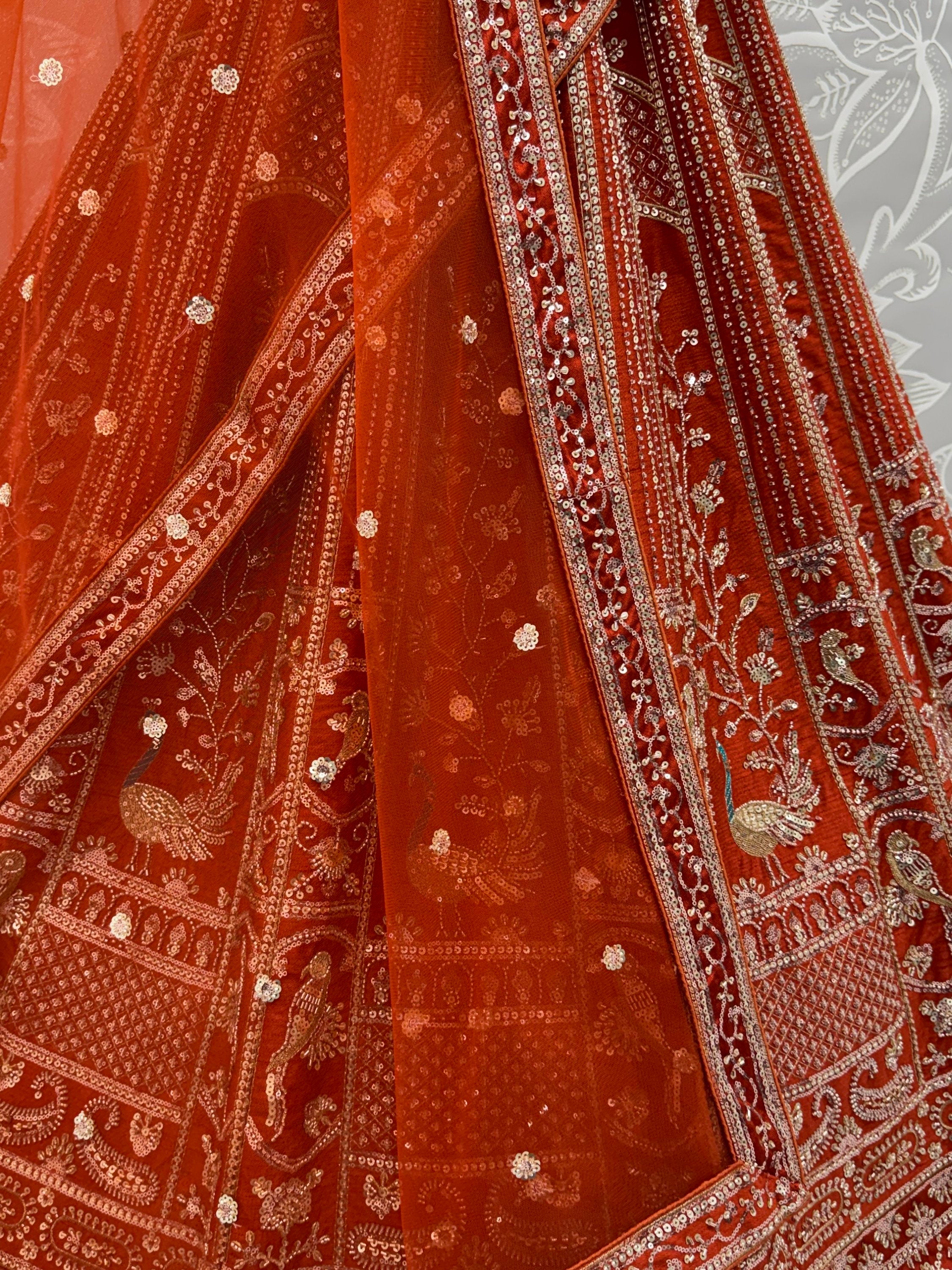 Beautiful Rust Orange Sequins Silk Bridal Lehenga Choli With Double Dupatta