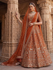 Beautiful Rust Orange Sequins Silk Bridal Lehenga Choli With Double Dupatta