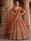Beautiful Rust Orange Sequins Silk Bridal Lehenga Choli With Double Dupatta