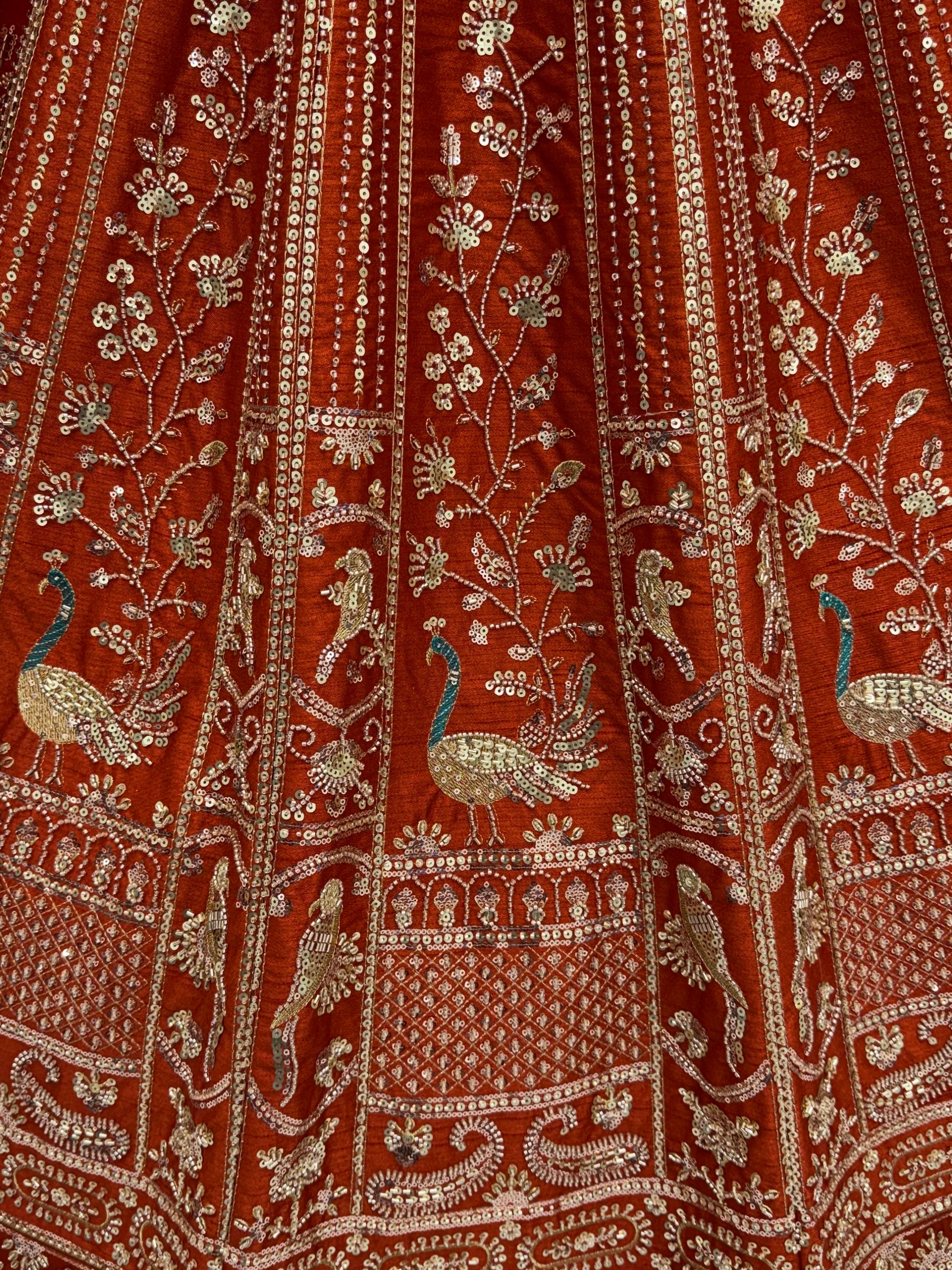 Beautiful Rust Orange Sequins Silk Bridal Lehenga Choli With Double Dupatta