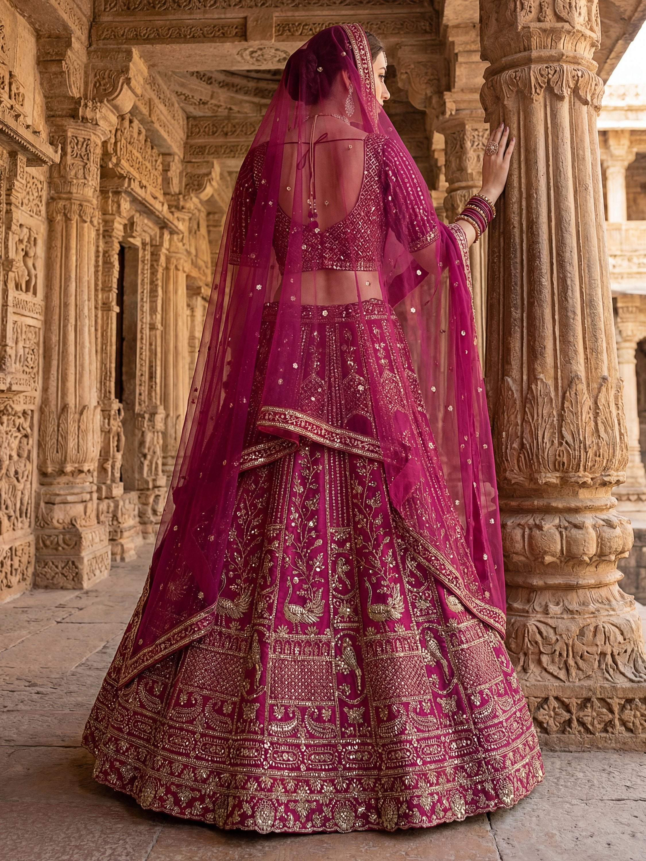 Classy Pink Thread Work Silk Bridal Lehenga Choli With Double Dupatta