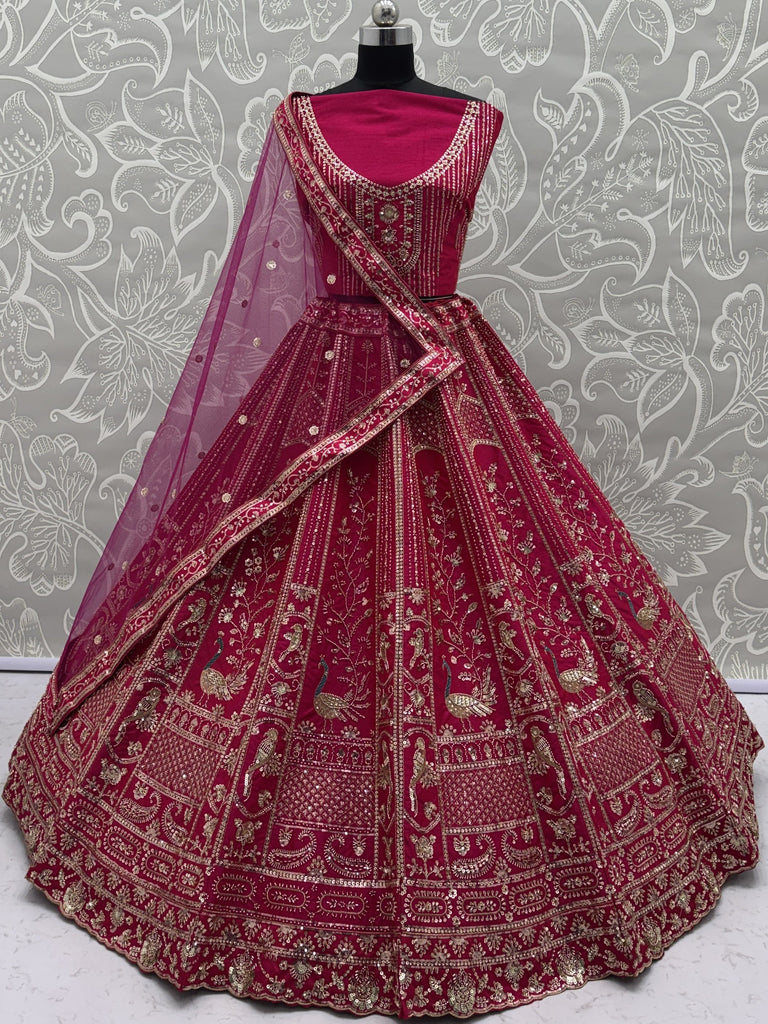 Classy Pink Thread Work Silk Bridal Lehenga Choli With Double Dupatta