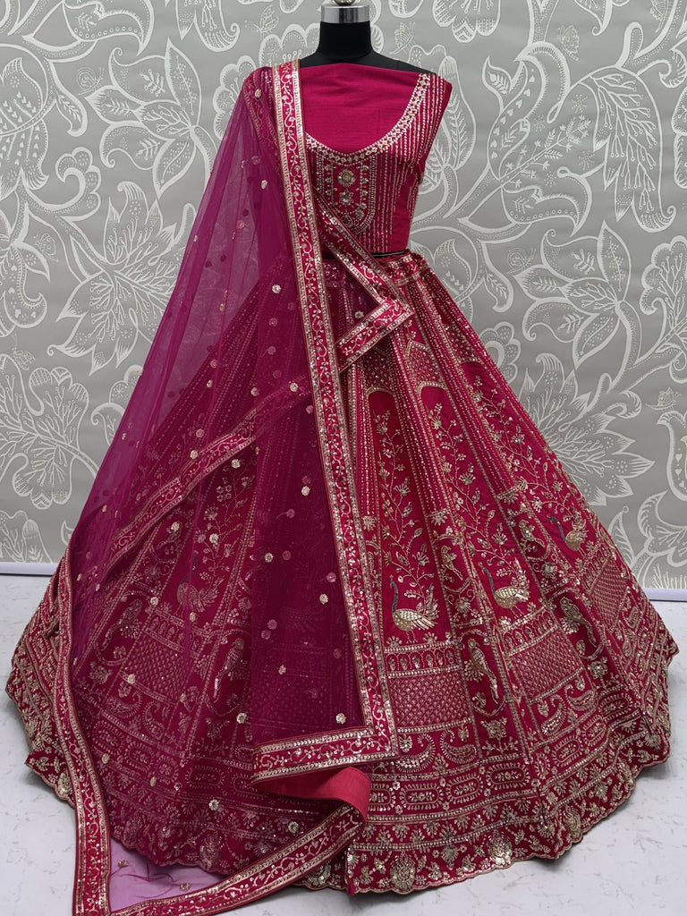 Classy Pink Thread Work Silk Bridal Lehenga Choli With Double Dupatta