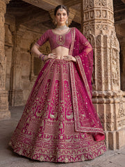 Classy Pink Thread Work Silk Bridal Lehenga Choli With Double Dupatta