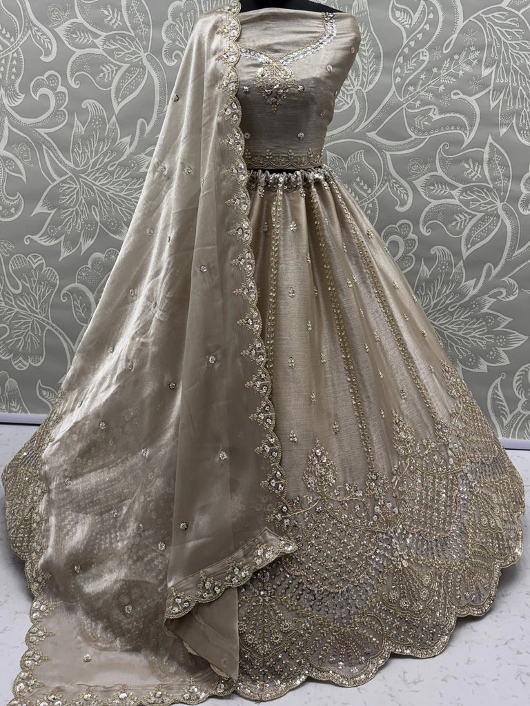 Impressive Beige Dori Work Satin Wedding Wear Lehenga Choli
