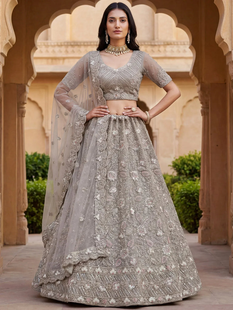 Beautiful Grey Embroidered Net Engagement Wear Lehenga Choli