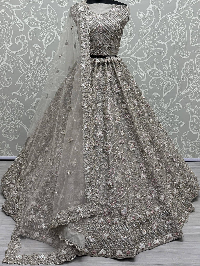 Beautiful Grey Embroidered Net Engagement Wear Lehenga Choli