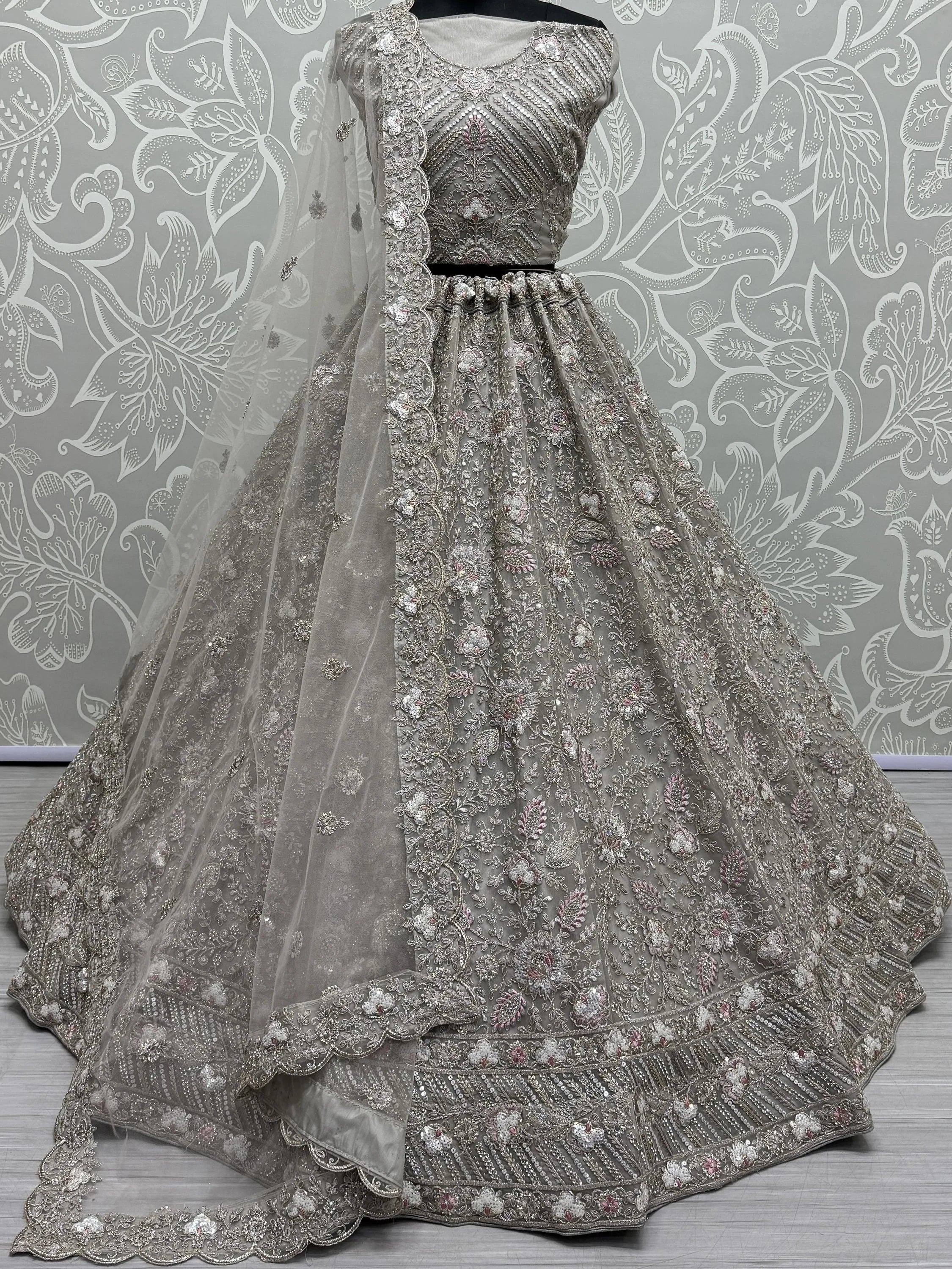 Beautiful Grey Embroidered Net Engagement Wear Lehenga Choli
