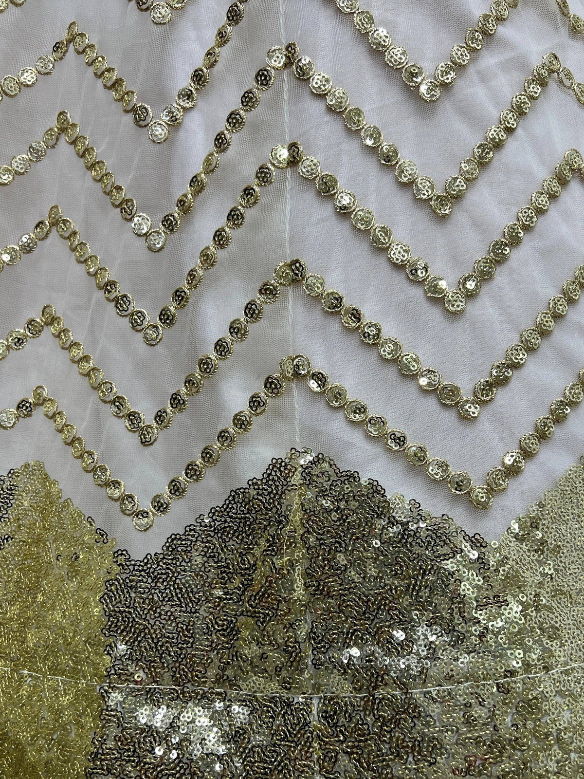 Gold sequin and embroidery detail on Indian ethnic wear, perfect for lehenga choli or saree designs.