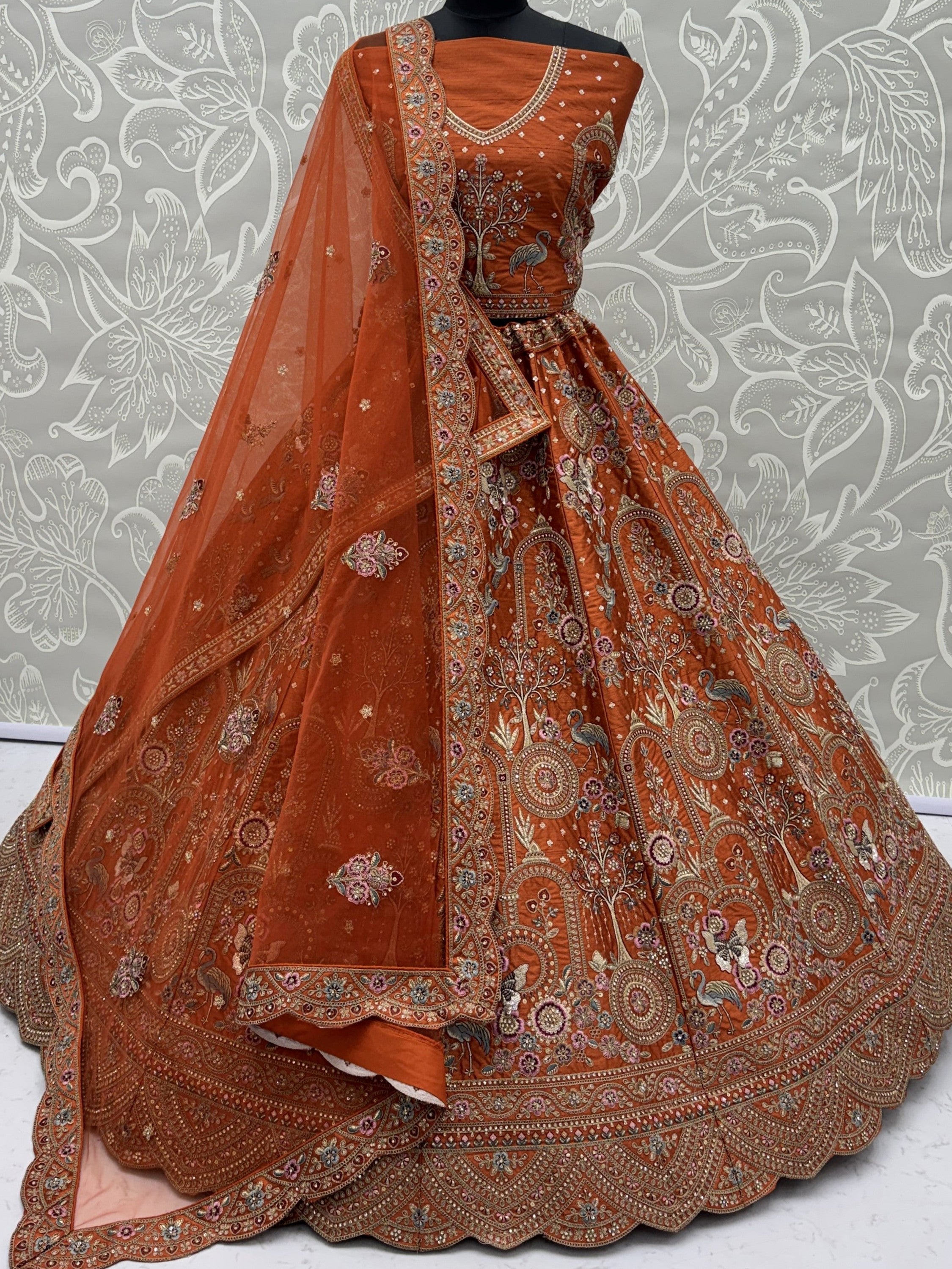 Great Orange Dori Work Silk Bridal Lehenga Choli With Double Dupatta