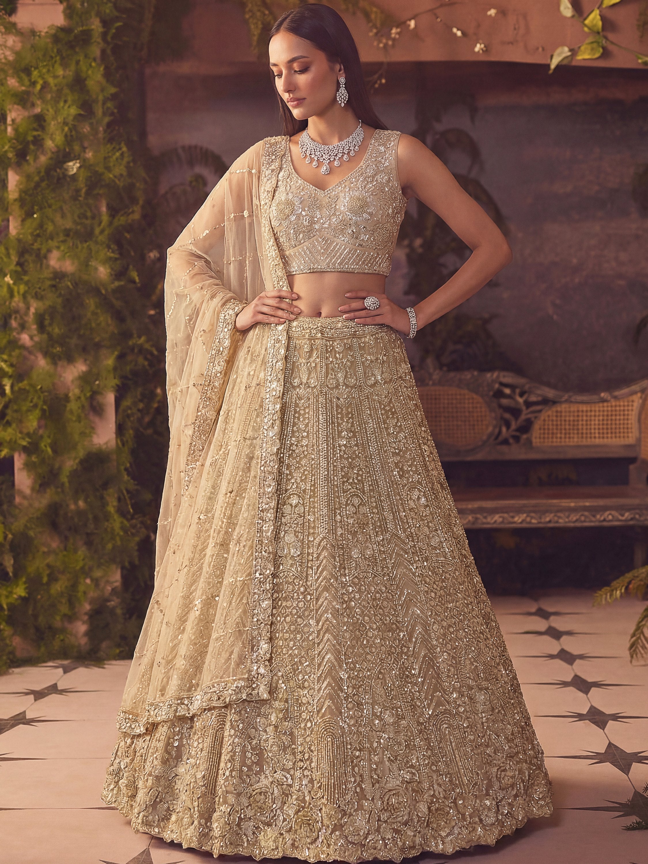 Amazing Beige Embroidered Net Wedding Wear Lehenga Choli