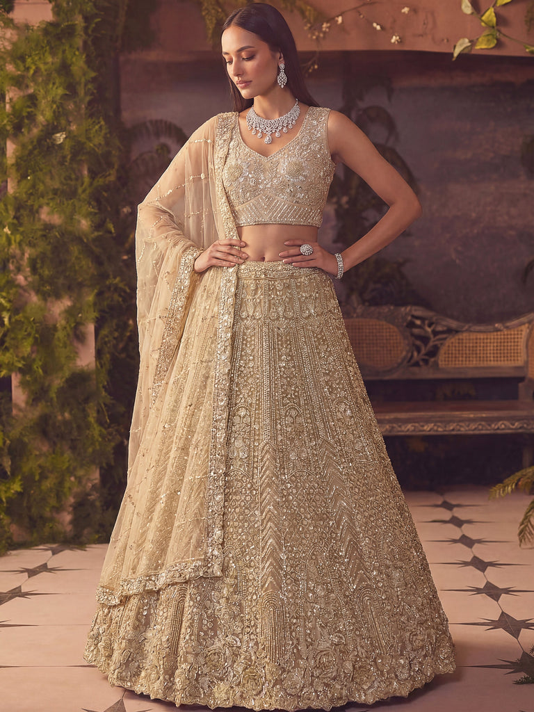 Amazing Beige Embroidered Net Wedding Wear Lehenga Choli