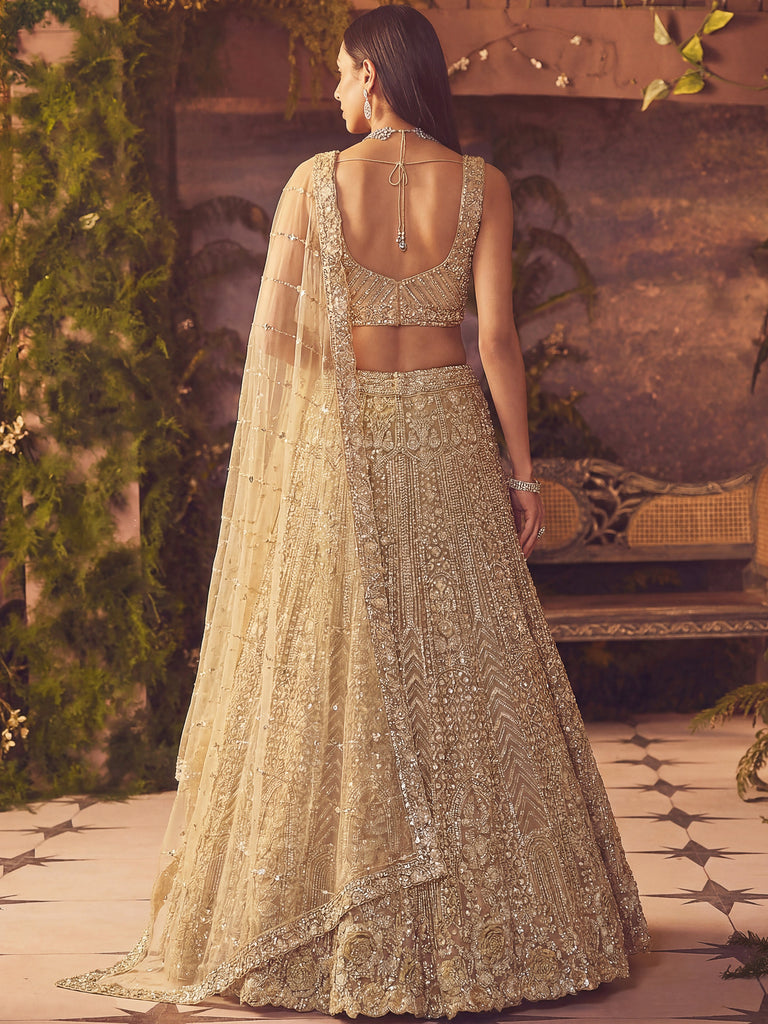 Amazing Beige Embroidered Net Wedding Wear Lehenga Choli