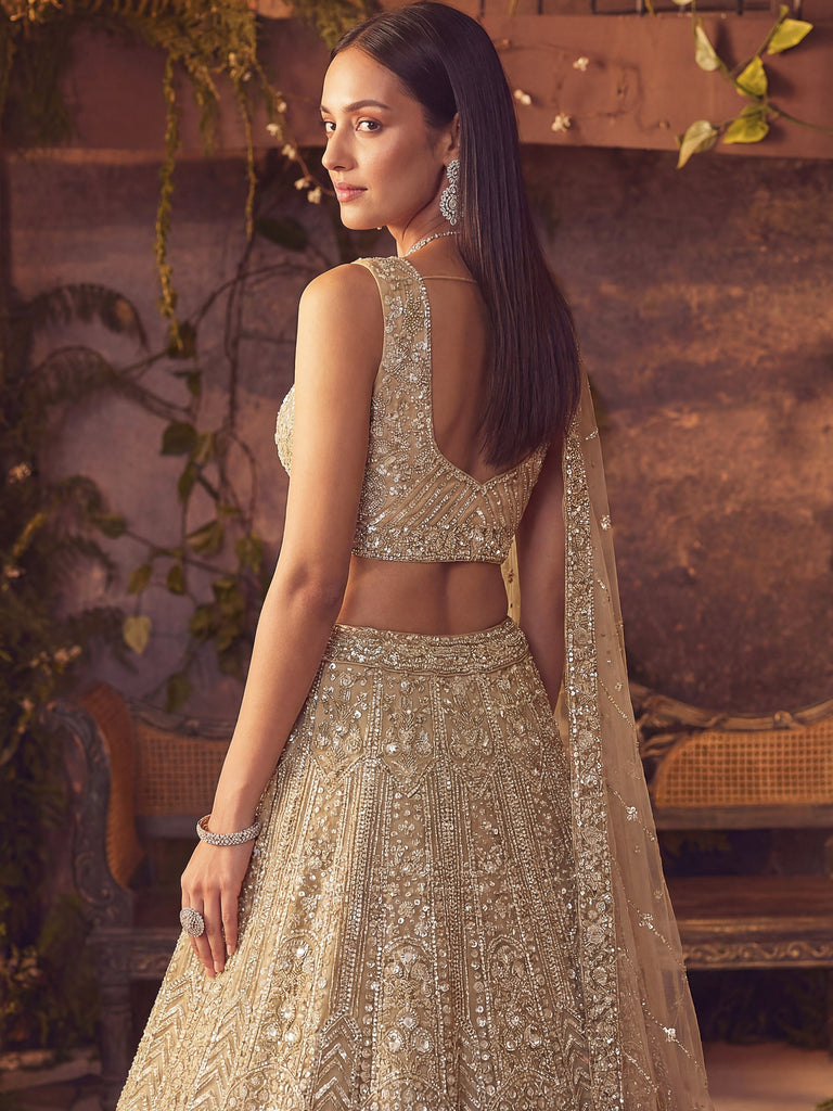 Amazing Beige Embroidered Net Wedding Wear Lehenga Choli