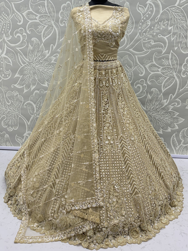 Amazing Beige Embroidered Net Wedding Wear Lehenga Choli