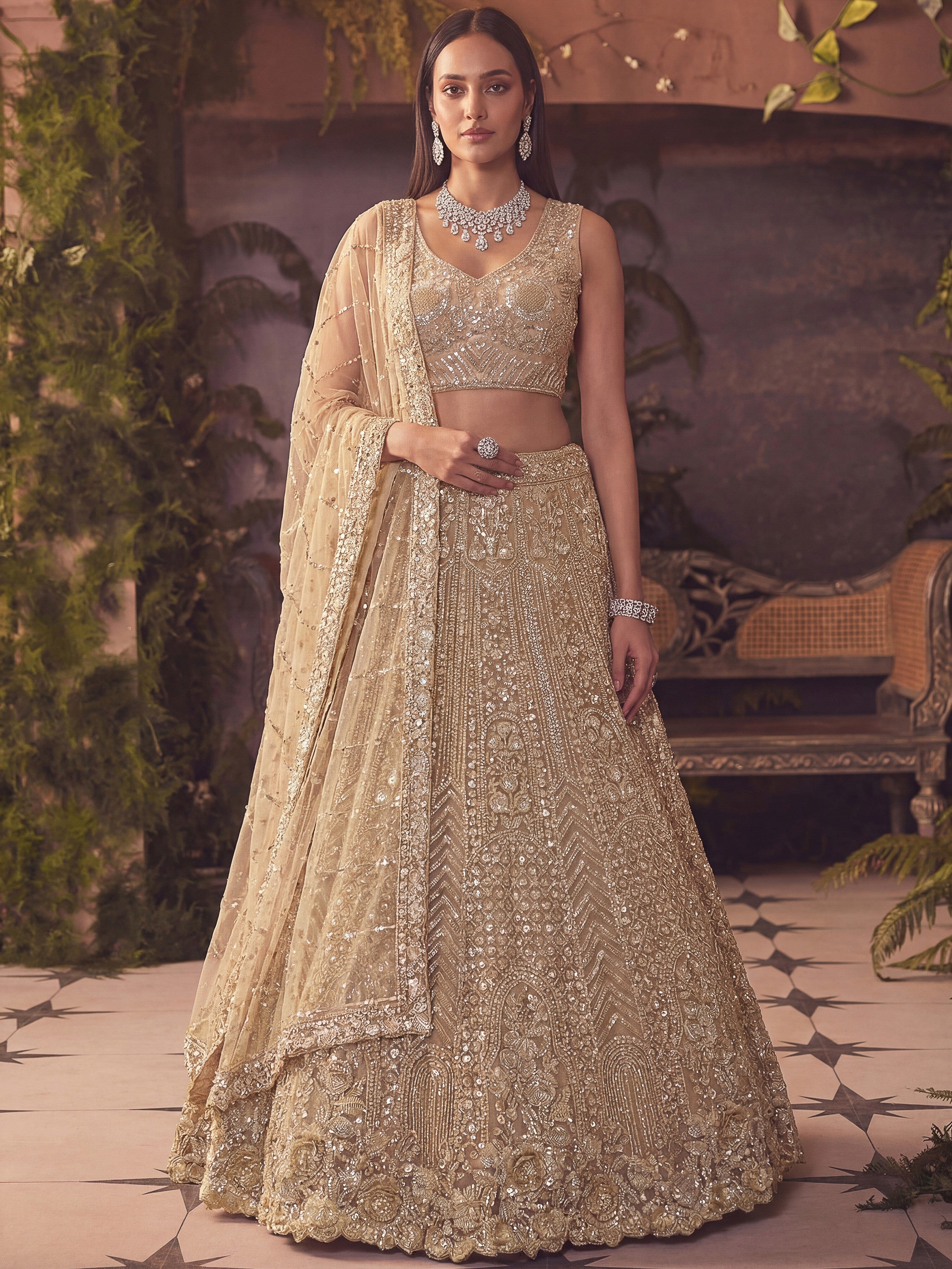 Amazing Beige Embroidered Net Wedding Wear Lehenga Choli