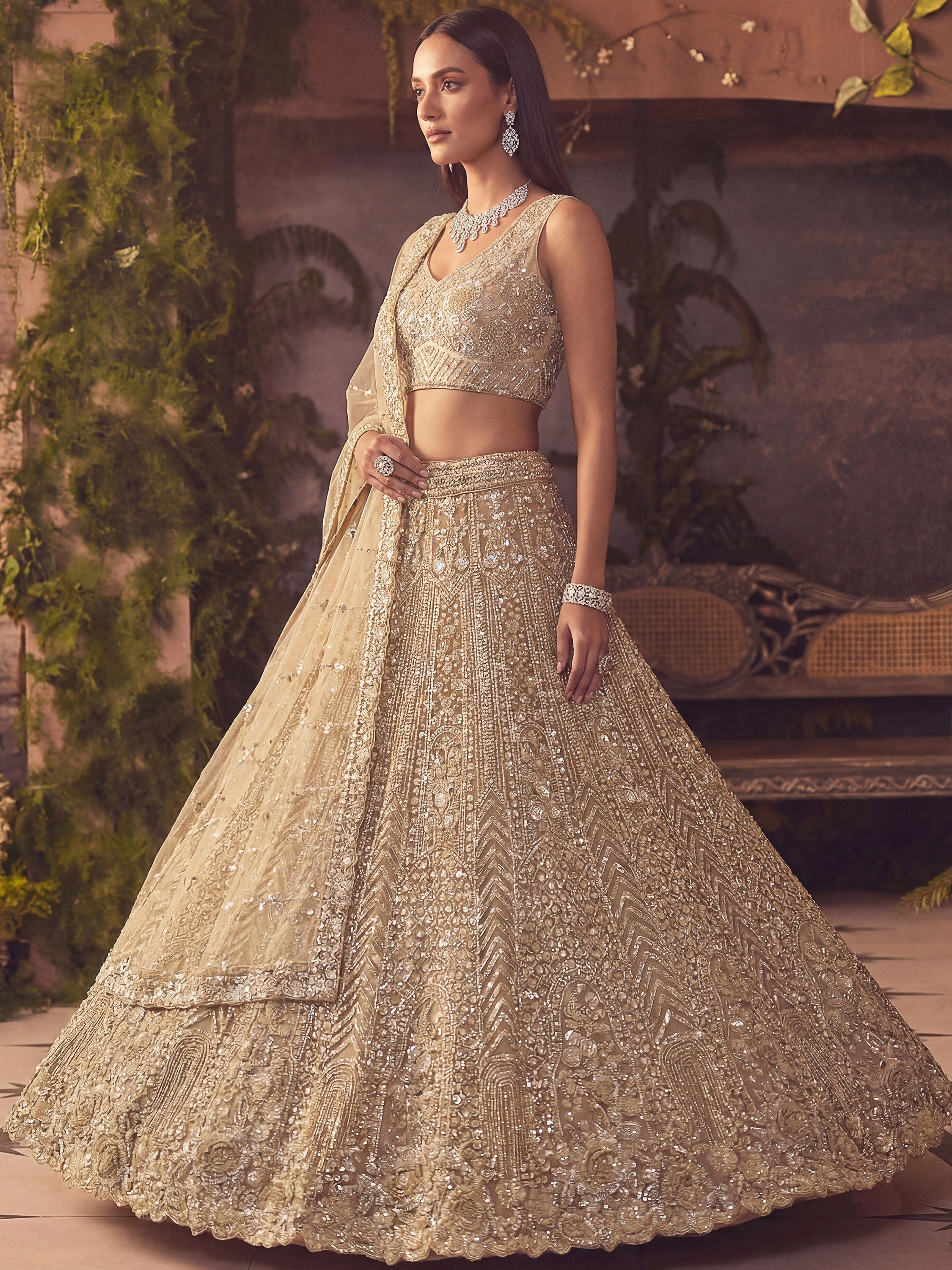 Amazing Beige Embroidered Net Wedding Wear Lehenga Choli