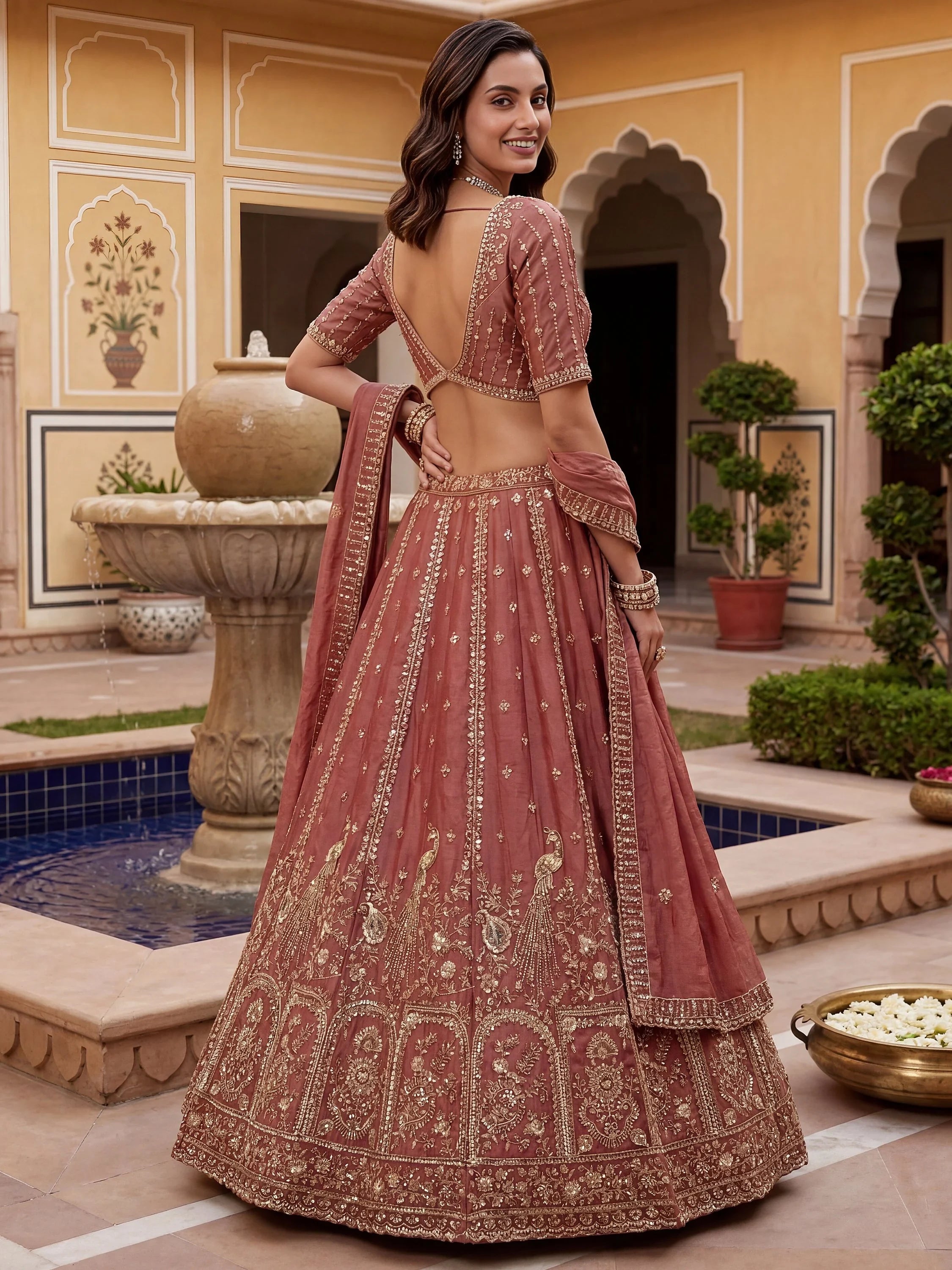 Glorious Dusty Pink Hand Work Silk Engagement Wear Lehenga Choli