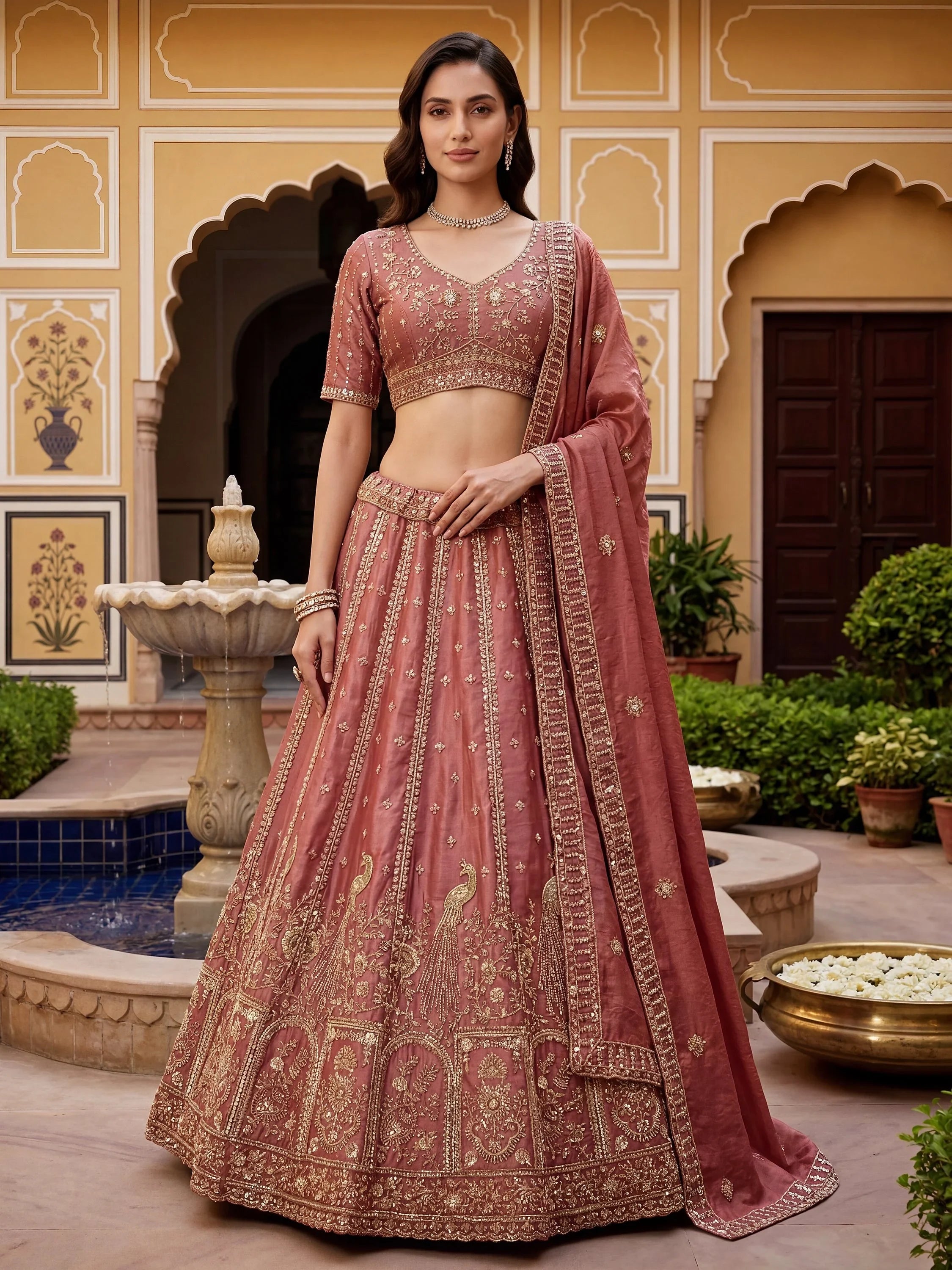 Glorious Dusty Pink Hand Work Silk Engagement Wear Lehenga Choli