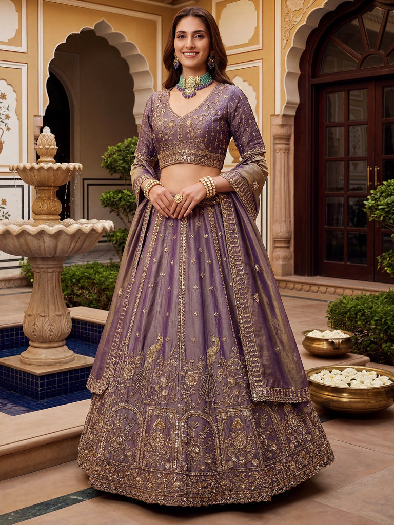 Bewitching Lilac Sequins Silk Reception Wear Lehenga With Blouse