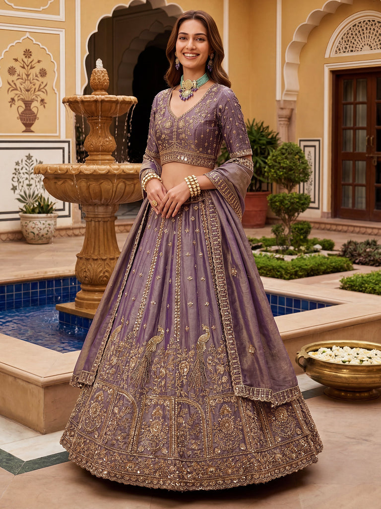 Bewitching Lilac Sequins Silk Reception Wear Lehenga With Blouse