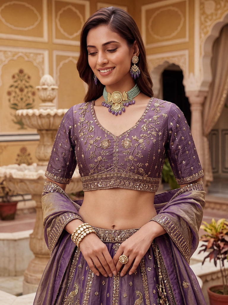 Bewitching Lilac Sequins Silk Reception Wear Lehenga With Blouse