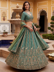 Beautiful Green Hand Embroidery Silk Lehenga Choli With Dupatta