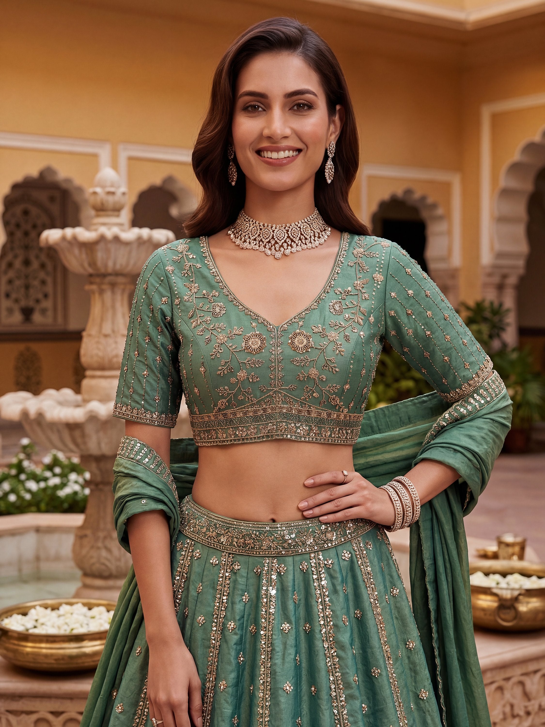 Beautiful Green Hand Embroidery Silk Lehenga Choli With Dupatta