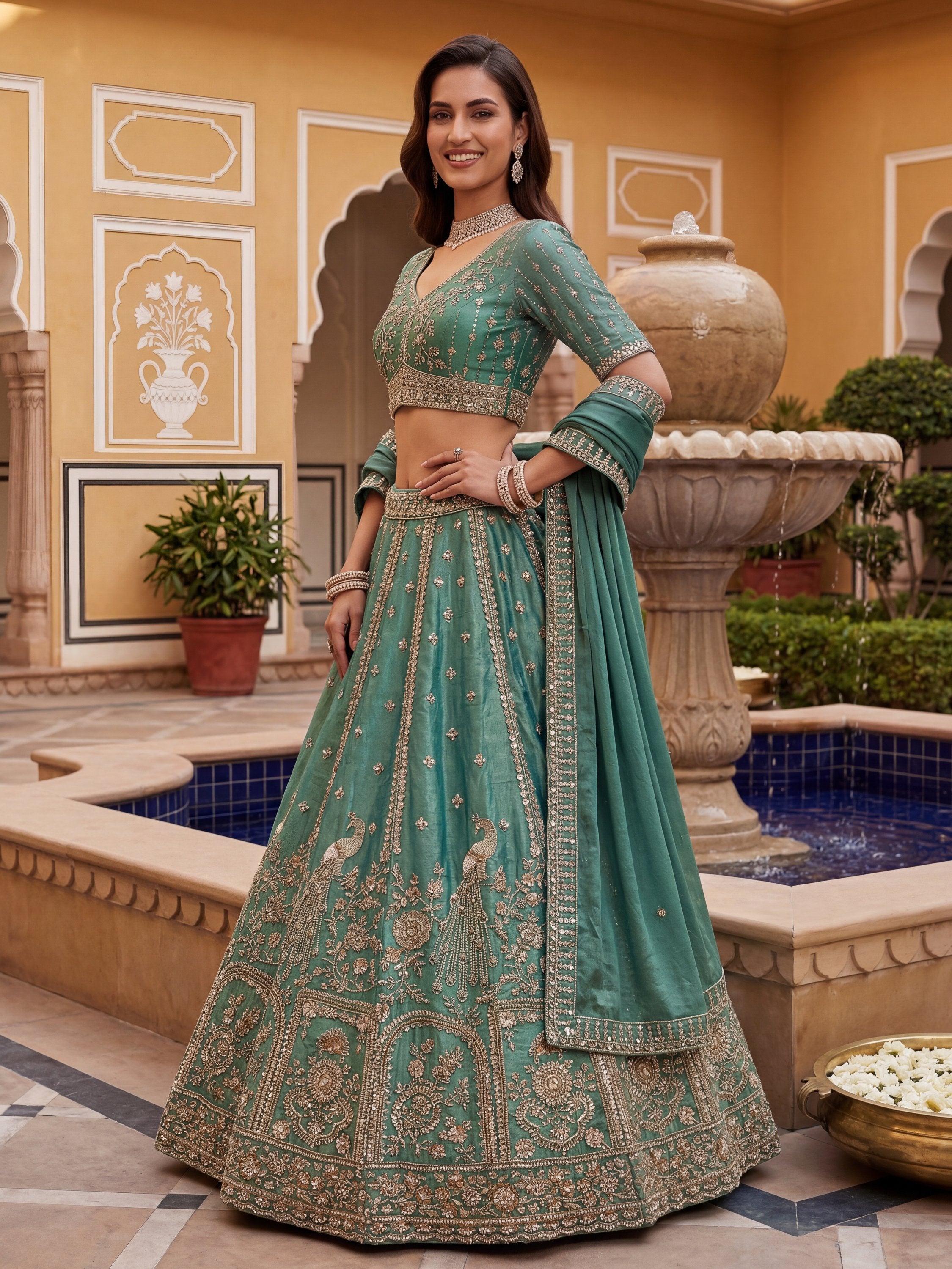 Beautiful Green Hand Embroidery Silk Lehenga Choli With Dupatta
