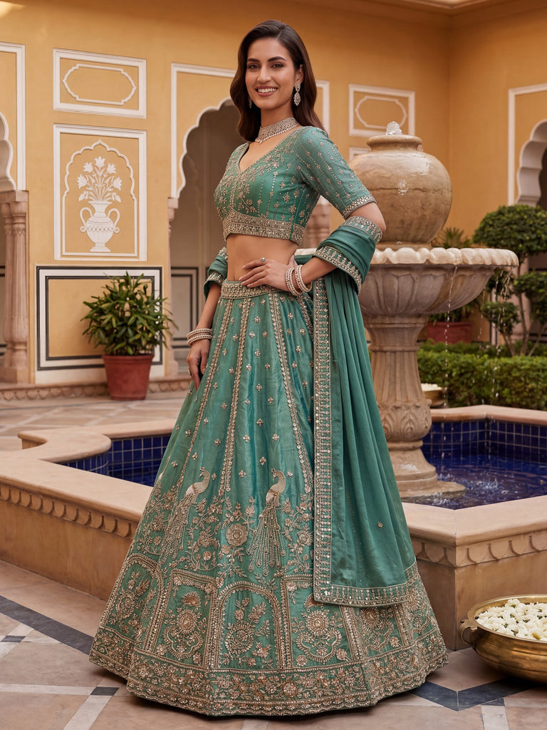 Beautiful Green Hand Embroidery Silk Lehenga Choli With Dupatta