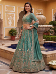 Beautiful Green Hand Embroidery Silk Lehenga Choli With Dupatta