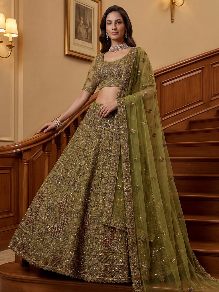Excellent Olive Green Sequins Net Bridal Lehenga Choli With Dupatta
