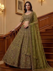 Excellent Olive Green Sequins Net Bridal Lehenga Choli With Dupatta