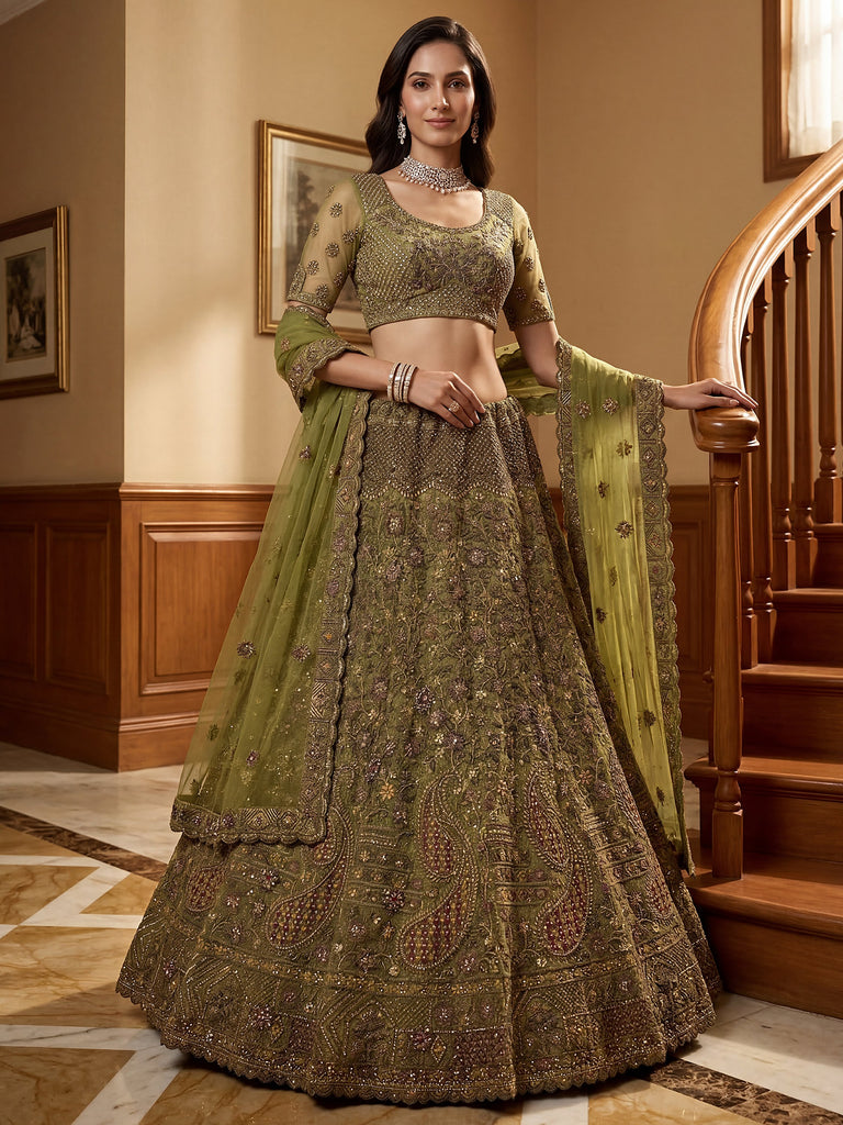 Excellent Olive Green Sequins Net Bridal Lehenga Choli With Dupatta